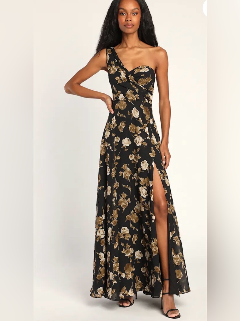 Lulus Fashionably Refined Black Floral One-Shoulder Maxi Dress Size XXL BNWT